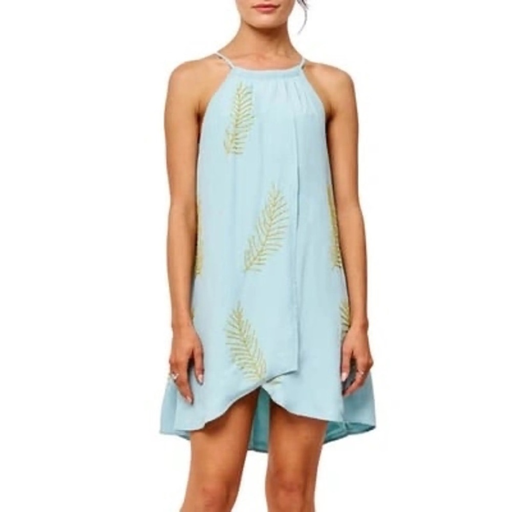 NWT Light Blue Sleeveless Mini Dress with Yellow Leaf Design